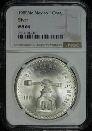 Obverse of this 1980-Mo Mexico Silver Onza Balance & Scale NGC MS-64