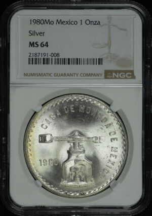 Obverse of this 1980-Mo Mexico Silver Onza Balance & Scale NGC MS-64