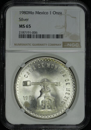 Obverse of this 1980-Mo Mexico Silver Onza Balance & Scale NGC MS-65