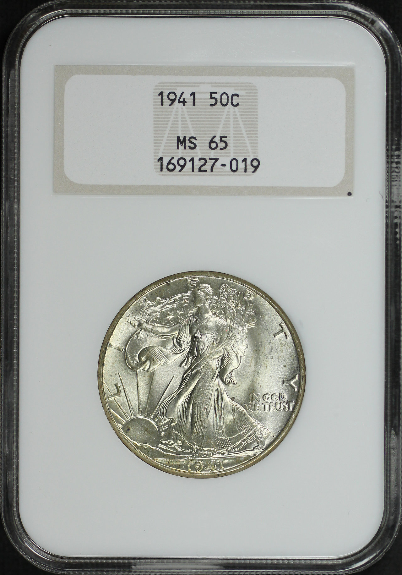 Obverse of this 1941 Walking Liberty Half Dollar NGC MS-65 Old Fatty Holder