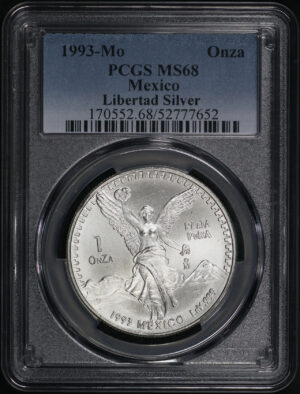 Obverse of this 1993-Mo Mexico Silver Libertad Onza PCGS MS-68