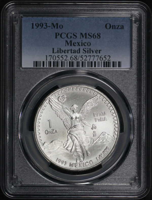 Obverse of this 1993-Mo Mexico Silver Libertad Onza PCGS MS-68