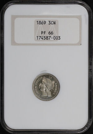 Obverse of this 1869 Three Cent Nickel NGC PF-66 Old Fatty Holder, Full Hologram