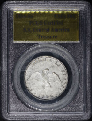 Obverse of this 1855-So Chile Silver 50 Centavos KM-128 PCGS S.S. Central America Treasure Gold Foil Label