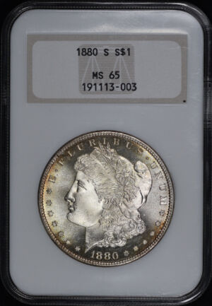 Obverse of this 1880-S Morgan Dollar NGC MS-65 Old Fatty Holder – Perfect NGC Hologram, Crimson Rim Toning