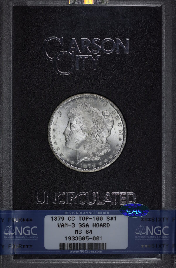 Obverse of this 1879-CC Top-100 VAM-3 Capped Die Morgan Dollar NGC MS-64 CAC GSA Hard Pack With Box