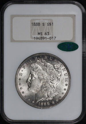 Obverse of this 1888-S Morgan Dollar NGC MS-63 CAC Old Fatty Holder