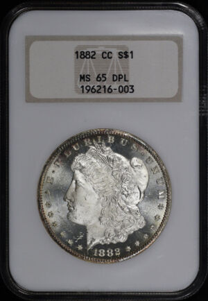 Obverse of this 1882-CC Morgan Dollar NGC MS-65 DMPL Old Fatty Holder
