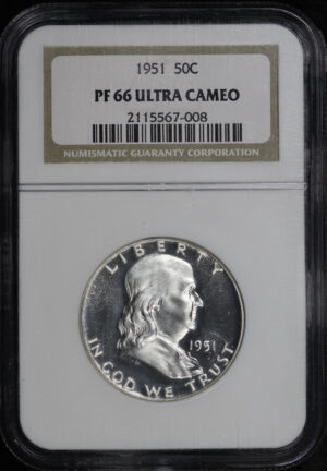 Obverse of this 1951 Franklin Half Dollar NGC PF-66 UC