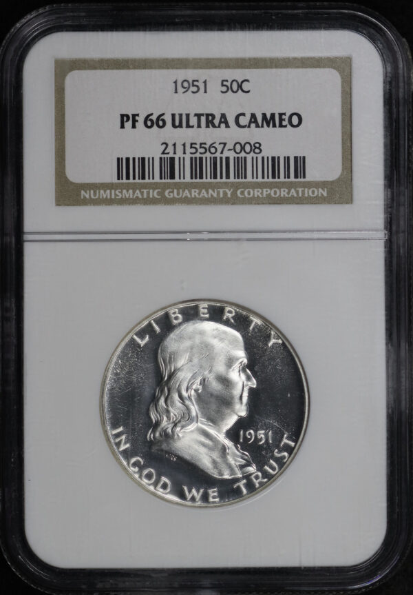 Obverse of this 1951 Franklin Half Dollar NGC PF-66 UC