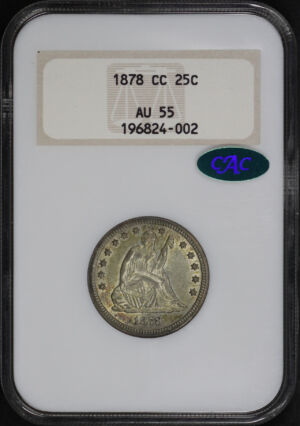 Obverse of this 1878-CC Liberty Seated Quarter NGC AU-55 Old Fatty Holder