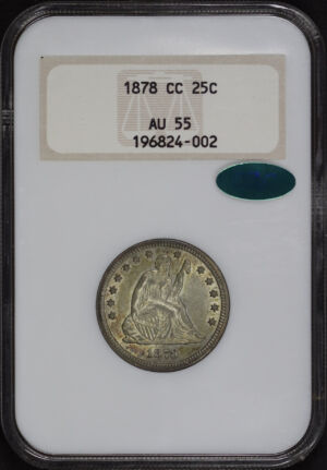 Obverse of this 1878-CC Liberty Seated Quarter NGC AU-55 CAC Old Fatty Holder