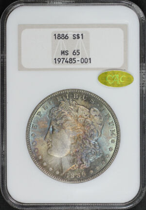 Obverse of this 1886 Morgan Dollar NGC MS-65 Gold CAC Old Fatty Holder & Rainbow Toning