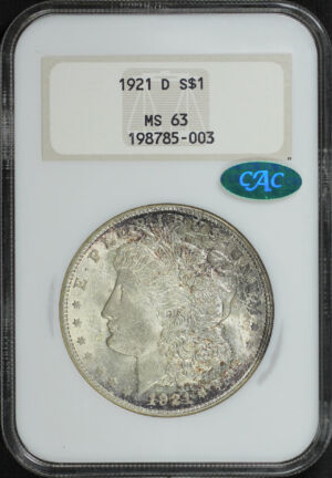 Obverse of this 1921-D Morgan Dollar NGC MS-63 CAC Old Fatty Holder