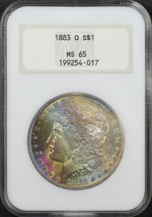 Obverse of this 1883-O Morgan Dollar NGC MS-65 Old Fatty Holder, Vibrant Banded Rainbow Obverse Toning
