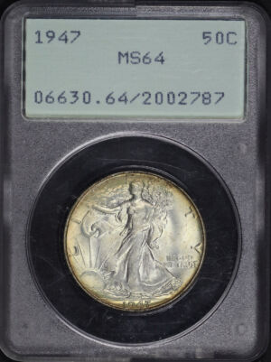 Obverse of this 1947 Walking Liberty Half Dollar PCGS MS-64 Old Green Rattler Holder