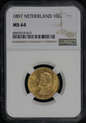 Obverse of this 1897 Netherland 10G NGC MS-64