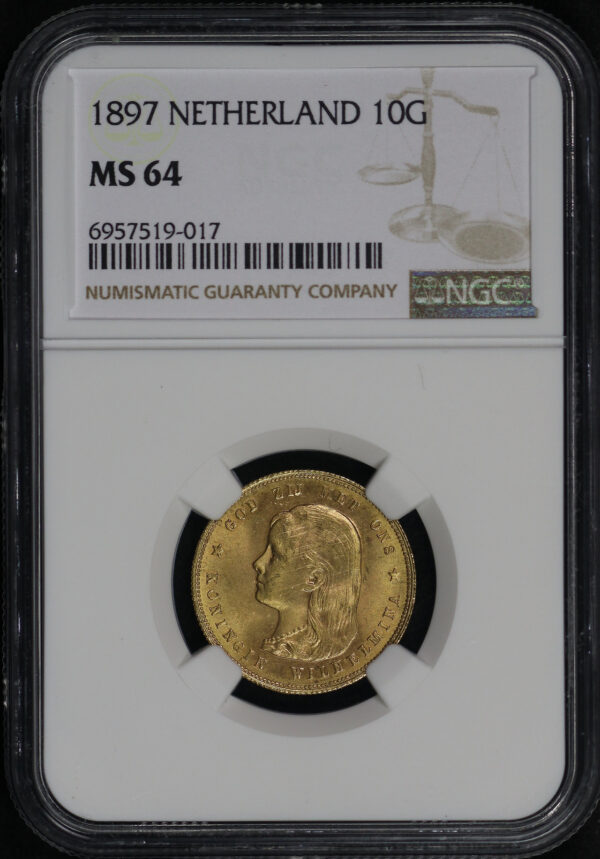 Obverse of this 1897 Netherland 10G NGC MS-64