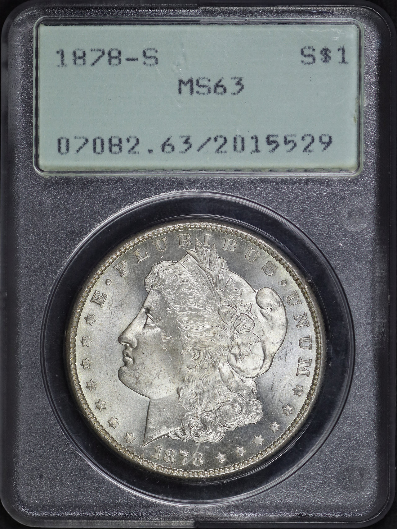 Obverse of this 1878-S Morgan Dollar PCGS MS-63 Old Green Rattler Holder