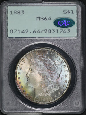 Obverse of this 1883 Morgan Dollar PCGS MS-64 CAC Old Green Rattle Holder, Rainbow Obverse Toning