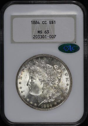 Obverse of this 1884-CC Morgan Dollar NGC MS-63 CAC Old Fatty Holder
