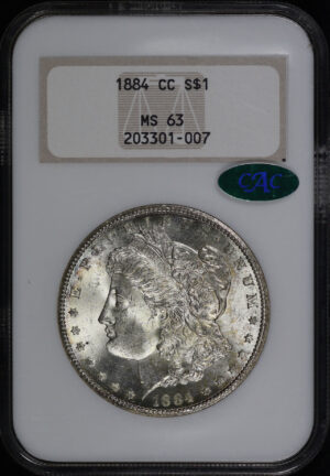Obverse of this 1884-CC Morgan Dollar NGC MS-63 CAC Old Fatty Holder – Near-Full Hologram
