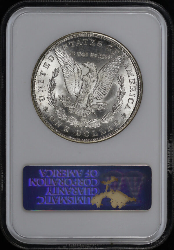 Reverse of this 1884-CC Morgan Dollar NGC MS-63 CAC Old Fatty Holder – Near-Full Hologram