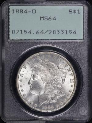 Obverse of this 1884-O Morgan Dollar PCGS MS-64 Old Green Rattler Holder