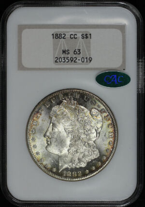 Obverse of this 1882-CC Morgan Dollar NGC MS-63 CAC Old Fatty Holder
