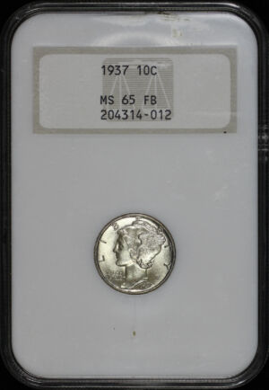 Obverse of this 1937 Mercury Dime NGC MS-65 FB Old Fatty Holder 