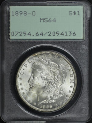 Obverse of this 1898-O Morgan Dollar PCGS MS-64 Old Green Rattler Holder