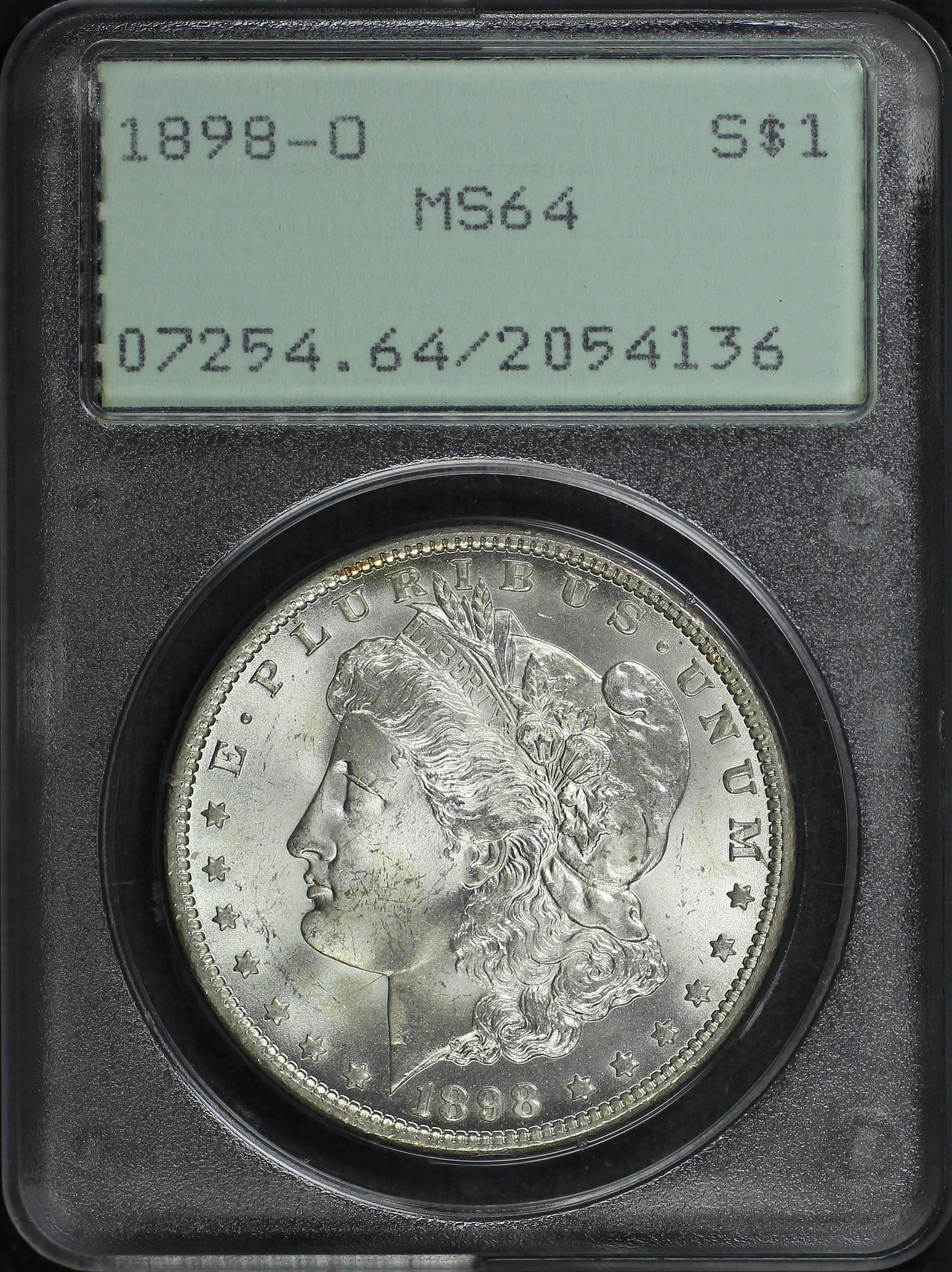 Obverse of this 1898-O Morgan Dollar PCGS MS-64 Old Green Rattler Holder
