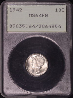 Obverse of this 1942 Mercury Dime PCGS MS-64 FB Old Green Rattle Holder