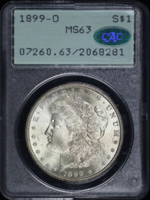 Obverse of this 1899-O Morgan Dollar PCGS MS-63 CAC Old Green Rattler Holder