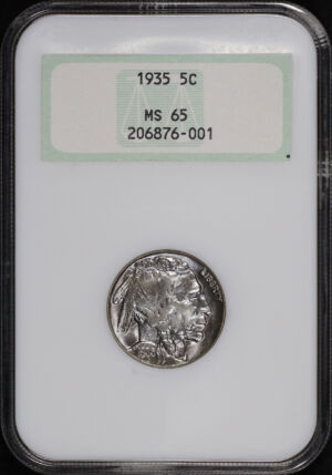 Obverse of this 1935 Buffalo Nickel NGC MS-65 Old Fatty Holder – Perfect Hologram