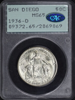 Obverse of this 1936-D 50C San Diego Silver Commemorative PCGS MS-65 CAC Old Green Rattler Holder