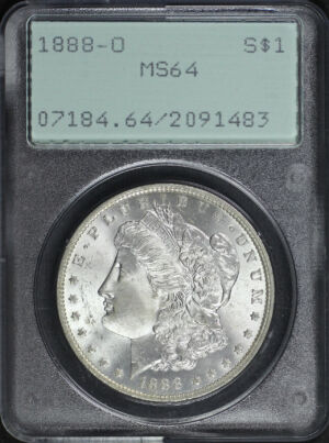 Obverse of this 1888-O Morgan Dollar PCGS MS-64 Old Green Rattler Holder