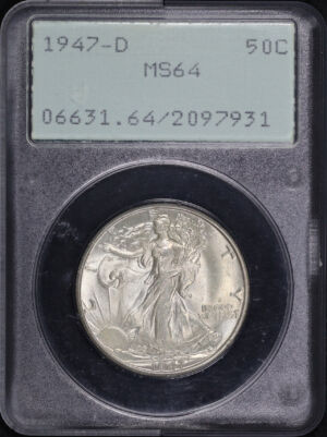 Obverse of this 1947-D Walking Liberty Half Dollar PCGS MS-64 Old Green Rattler Holder