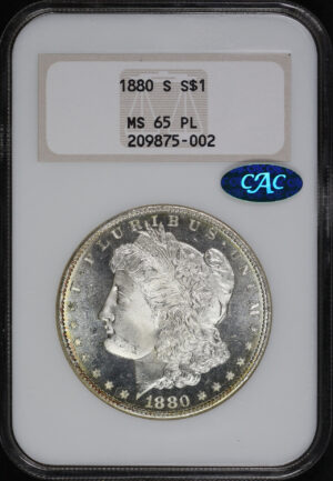 Obverse of this 1880-S Morgan Dollar NGC MS-65 PL CAC