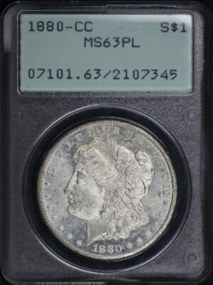 Obverse of this 1880-CC Morgan Dollar PCGS MS-63 PL Old Green Rattler Holder