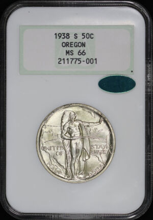 Obverse of this 1938-S Silver Commemorative Oregon Trail 50C NGC MS-66 CAC Old Fatty Holder