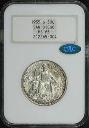 Obverse of this 1935-S Silver Commemorative San Diego 50C NGC MS-65 CAC Old Fatty Holder