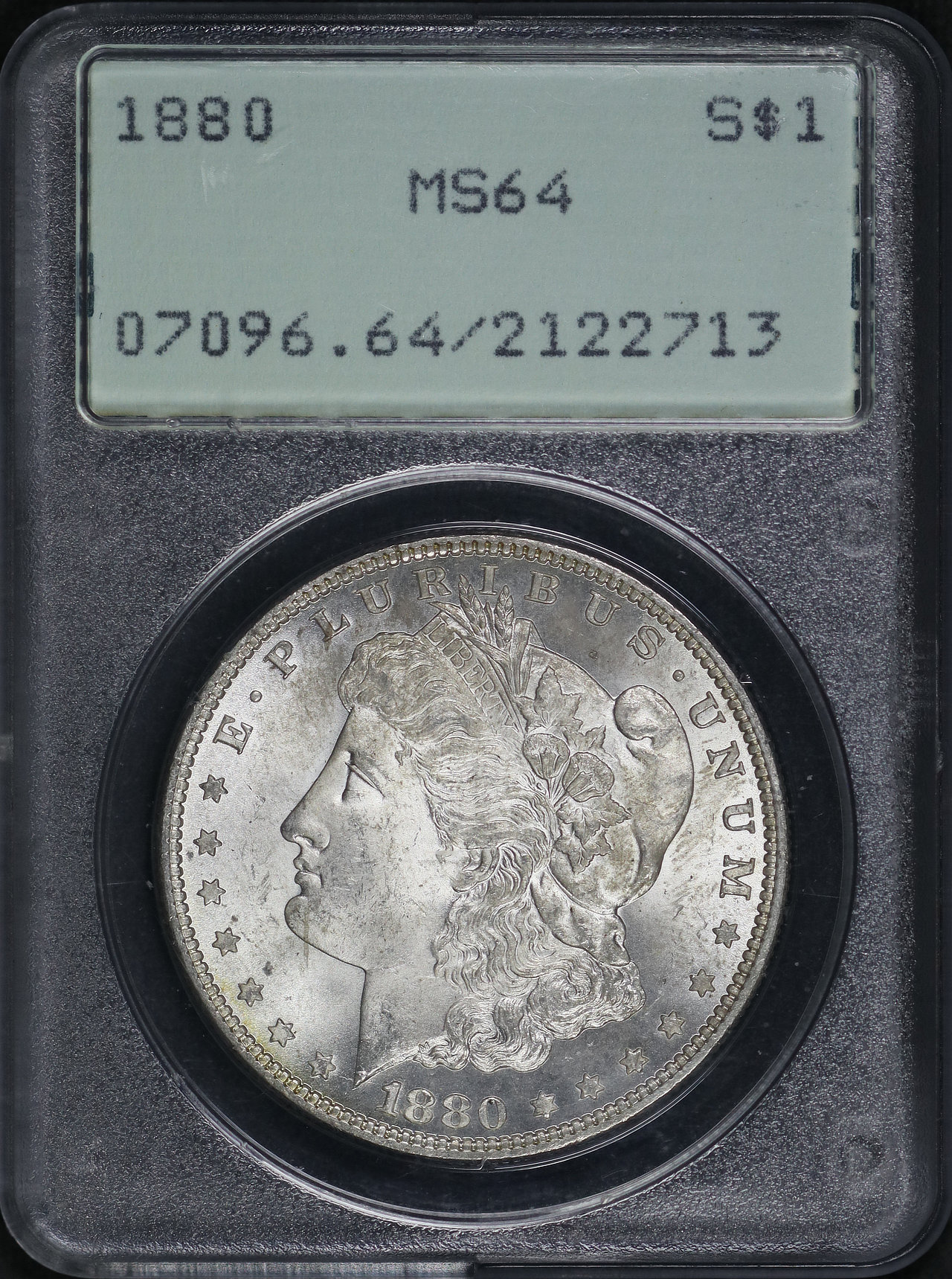 Obverse of this 1880 Morgan Dollar PCGS MS-64 Old Green Rattler Holder