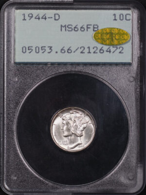 Obverse of this 1944-D Mercury Dime PCGS MS-66 FB Gold CAC Old Green Rattler Holder