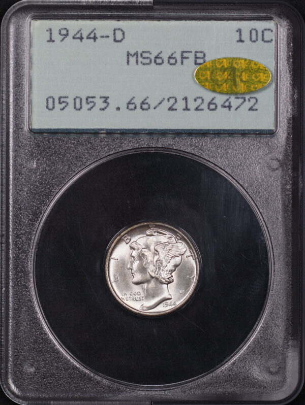 Obverse of this 1944-D Mercury Dime PCGS MS-66 FB Gold CAC Old Green Rattler Holder