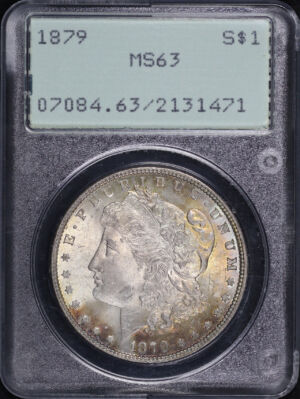 Obverse of this 1879 Morgan Dollar PCGS MS-63 Old Green Rattler Holder – Smoky Sunset Hue Toning! 
