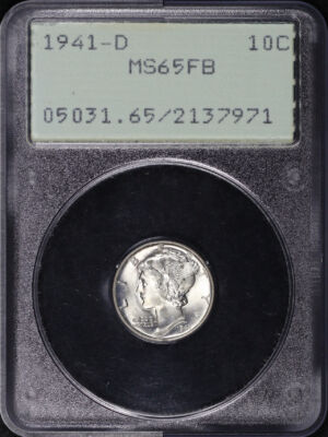 Obverse of this 1941-D Mercury Dime PCGS MS-65 FB Old Green Rattler Holder