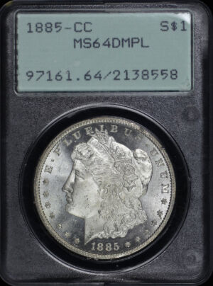 Obverse of this 1885-CC Morgan Dollar PCGS MS-64 DMPL Old Green Rattler Holder