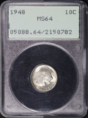 Obverse of this 1948 Roosevelt Dime PCGS MS-64 Old Green Rattler Holder
