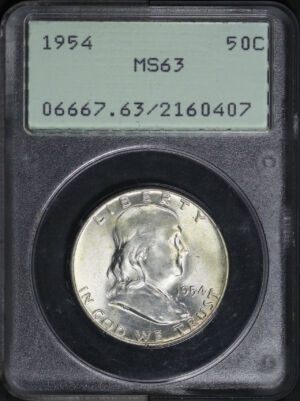 Obverse of this 1954 Franklin Half Dollar PCGS MS-63 Old Green Rattler Holder